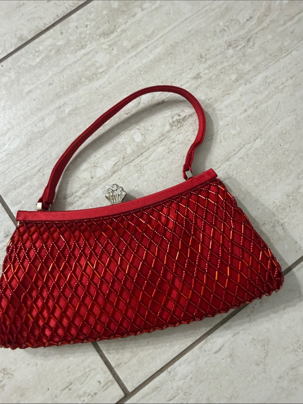 Red Quilted Satin Evening Clutch with Crystal Accent..well made